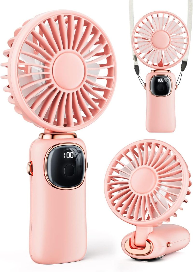 coldSky Portable Handheld Fan, 4000mAh Battery Operated 3 in 1 Multifunction Personal Travel Fans with Digital Display, 90° Foldable Desk Fan with Base, 5 Speed Lash Fan for Makeup/Office