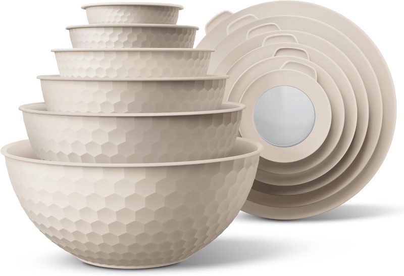 Bakken Master 12 Piece Plastic Nesting Bowls with Lids - Mixing Bowls Set includes 6 Prep Bowls and 6 Lids, BPA-Free, Reusable Meal Prep Containers, Microwave, Freezer & Dishwasher Safe, White Cream 