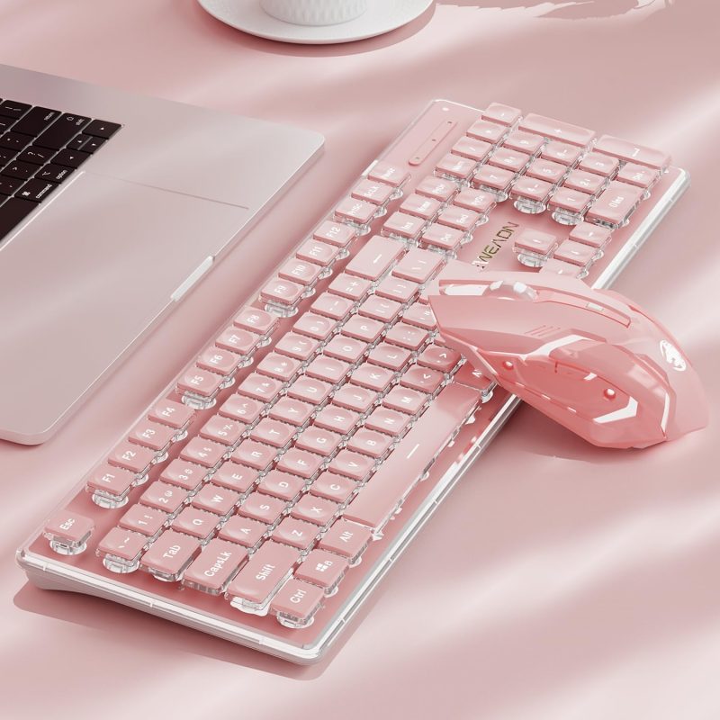 Wireless Keyboard and Mouse Combo, Magnetic Soft-Touch Wrist Rest, Round Keycaps, Full-Size Retro Typewriter Keyboard, 2-Stage Tilt Legs, Auto Sleep, 2.4GHz Cordless for Windows PC, Blush Pink Ombre 