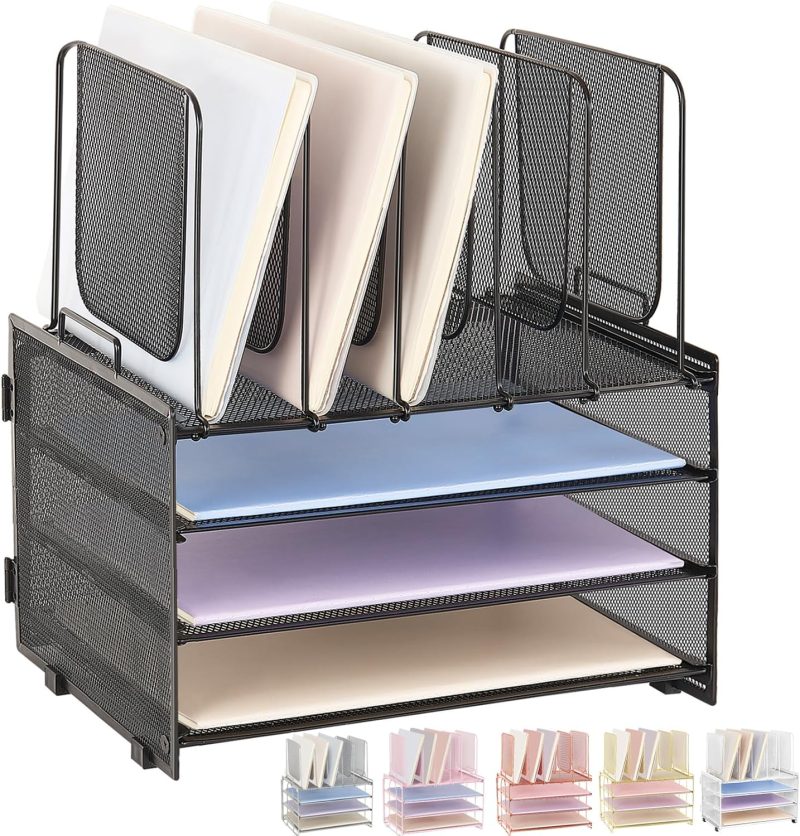 Desk Organizer with Sliding Drawer, Double Tray and 5 Upright Sections, File Holder for Office Supplies, Paper Letter Tray, Black