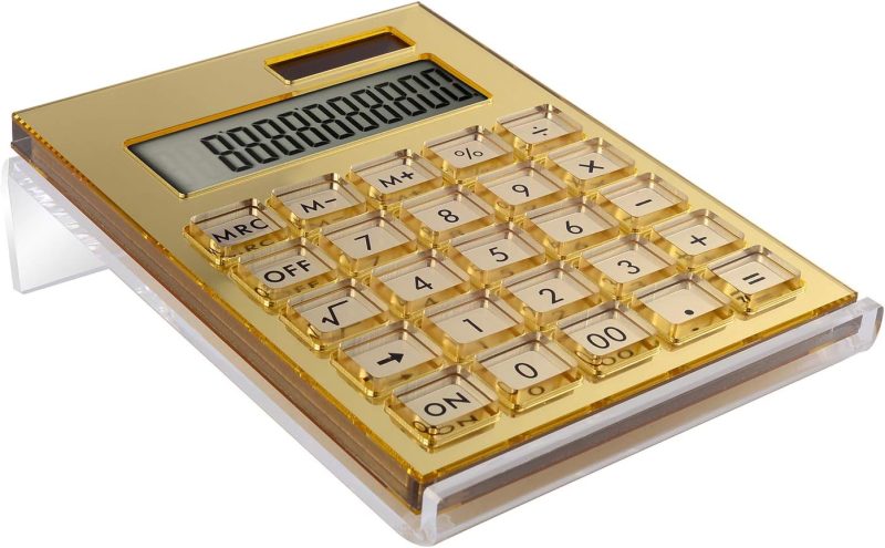 Acrylic Calculator with Stand, Battery and Solar Hybrid Powered Basic Calculator 12-Digit LCD Display,Home Office Desktop Accessories(Gold) 
