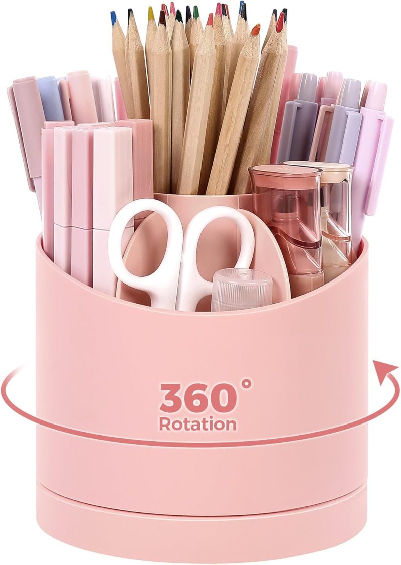 360 Degree Rotating Desk Pen/Pencil Holder, 5-Slot Organizer, Cute Pink Desk Accessory 