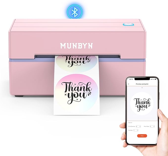MUNBYN Bluetooth Thermal Label Printer, 130B Wireless 4x6 Shipping Label Printer for Shipping Packages Small Business Office or Home, Compatible with iPhone Android iPad Windows macOS Chrome 
