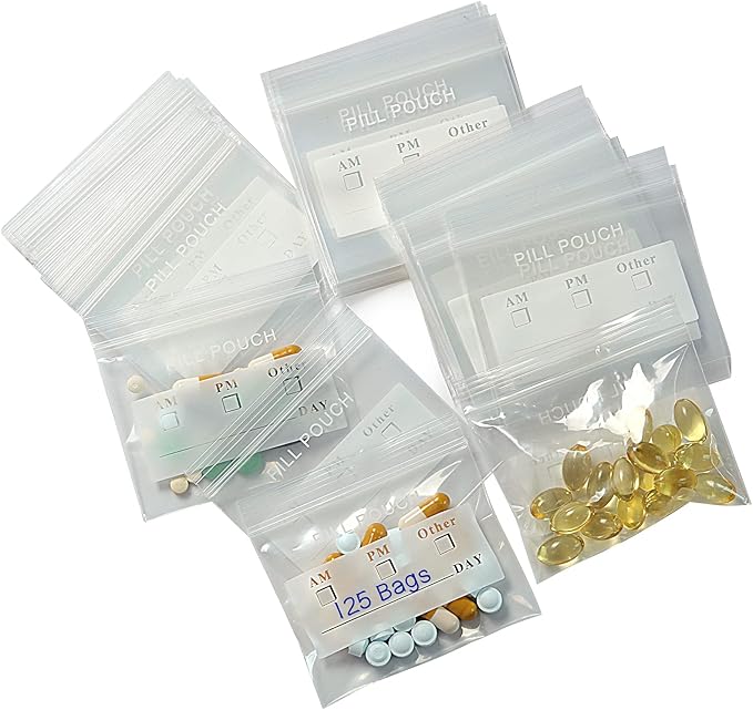 Serfeymi Pill Bags for Travel Pill Pouch Organizer Pack of 120 BPA Free 3 x 2.75 inch Reusable Pill Pouches for Medicine with Write on Label & Zipper Seal Waterproof AM PM Pill Baggies for Supplements 