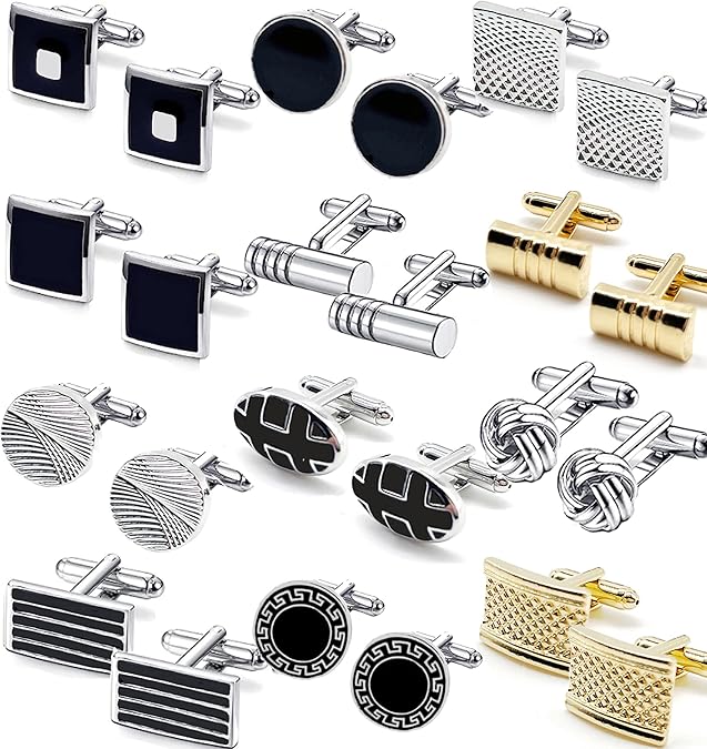 SONNYX 12 Pairs Cufflinks for Men Classic Tone Cuff Links Silver Black Striped Disc Square Rectangle Cuff Links Shirt Suit Men’s Cufflinks For Wedding Groom Business 
