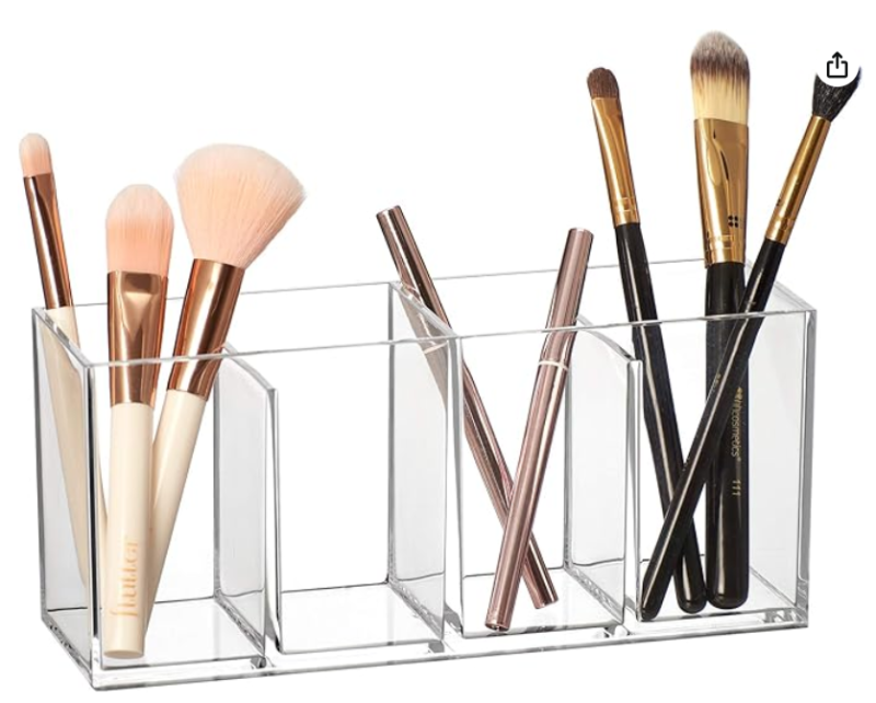 Glamour - Acrylic 4-Compartment Makeup Organizer, Transparent Plastic Makeup Brush Holder, Perfect Bathroom Vanity Storage Solution for Makeup Brushes, Eyebrow Pencils, and More 