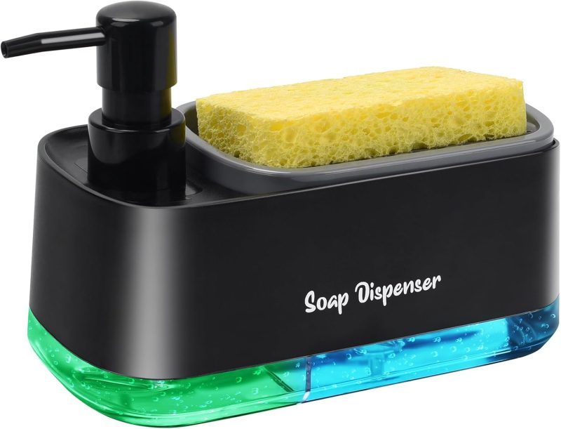 Hand and Dish Soap Dispenser Set for Kitchen, Dual Soap Dispenser with Sponge Holder, 3-in-1 Countertop Soap Pump Dispenser for Kitchen Sink, Useful Kitchen Gadgets - Black 