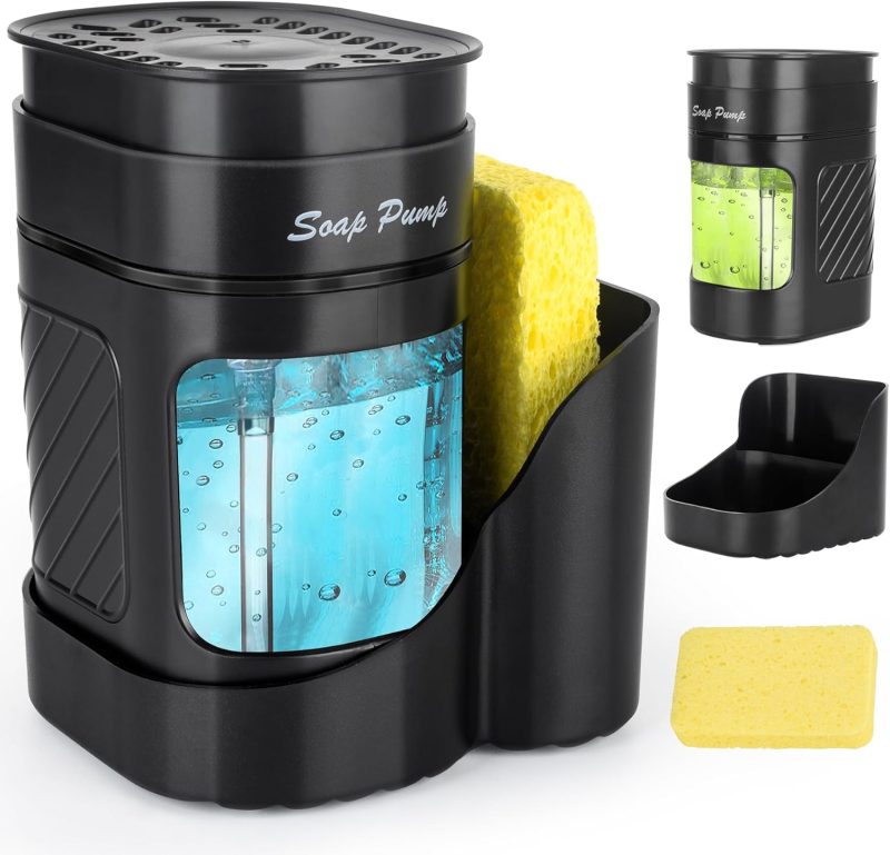 Kitchen Dish Soap Dispenser with Sponge Holder, 3-in-1 Countertop Dishwashing Soap Pump Dispenser Set for Kitchen Sink, Useful Kitchen Gadgets - Black 