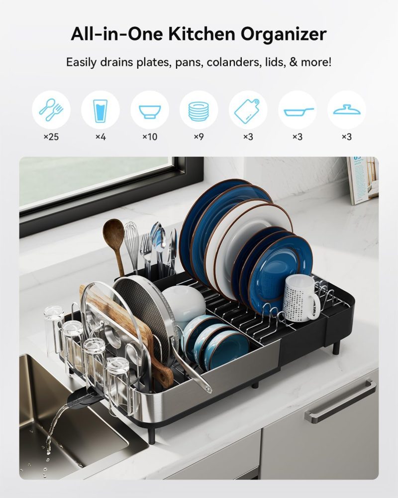 Cisily Sponge Holder for Kitchen Sink, Sink Caddy Organizer with High Brush Holder, Kitchen Countertop Organizers and Storage Essentials, Rustproof 304 Stainless Steel (Black, 9.25″) 