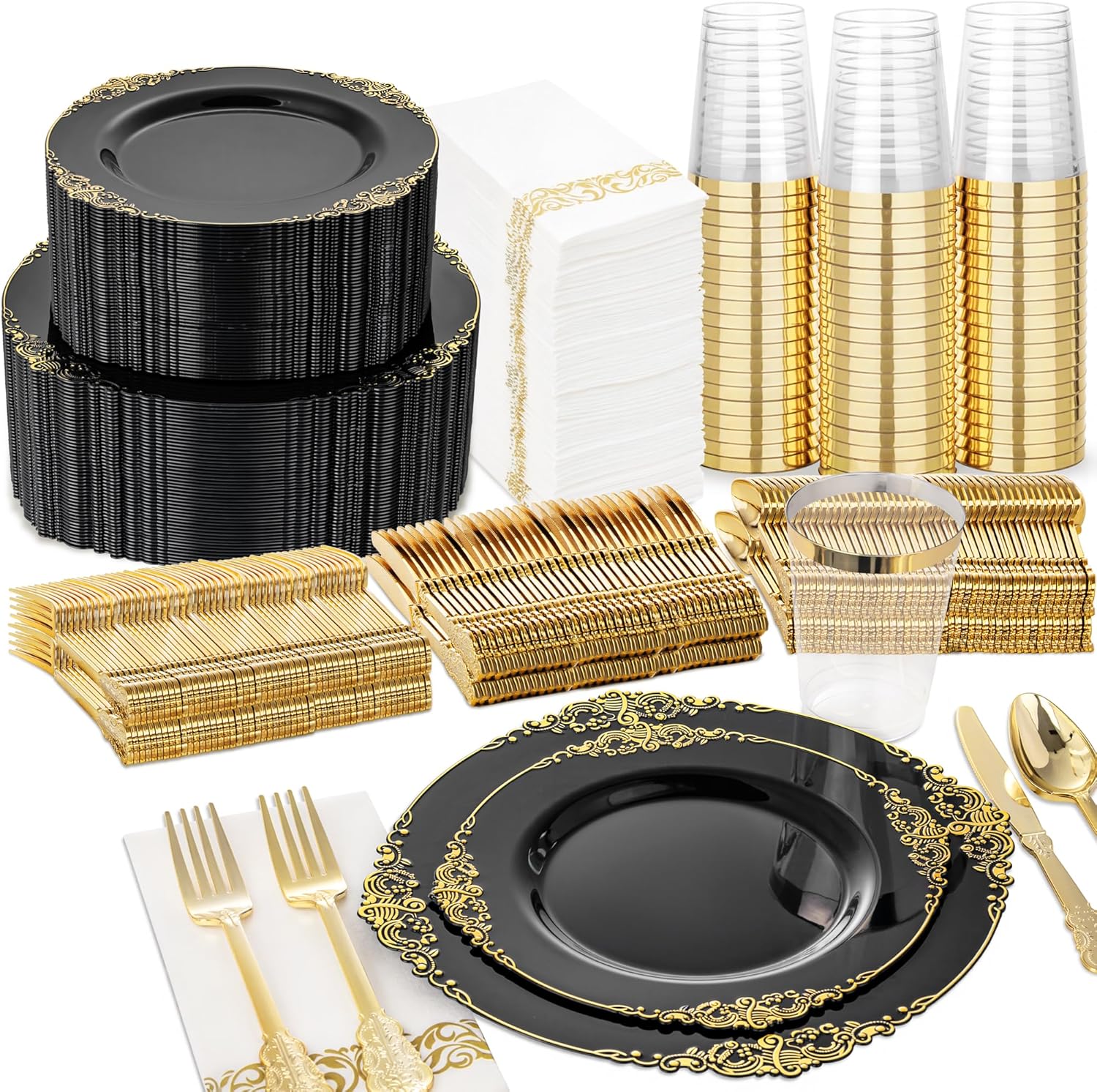 bUCLA 300PCS Black and Gold Disposable Dinnerware Set - 50 Guests Black Plastic Plates with Gold Rim Include 50 Dinner / 50 Dessert Plates, 50 Forks,50 Knives,50 Spoons&amp;50 Cups for Party&amp;Graduation