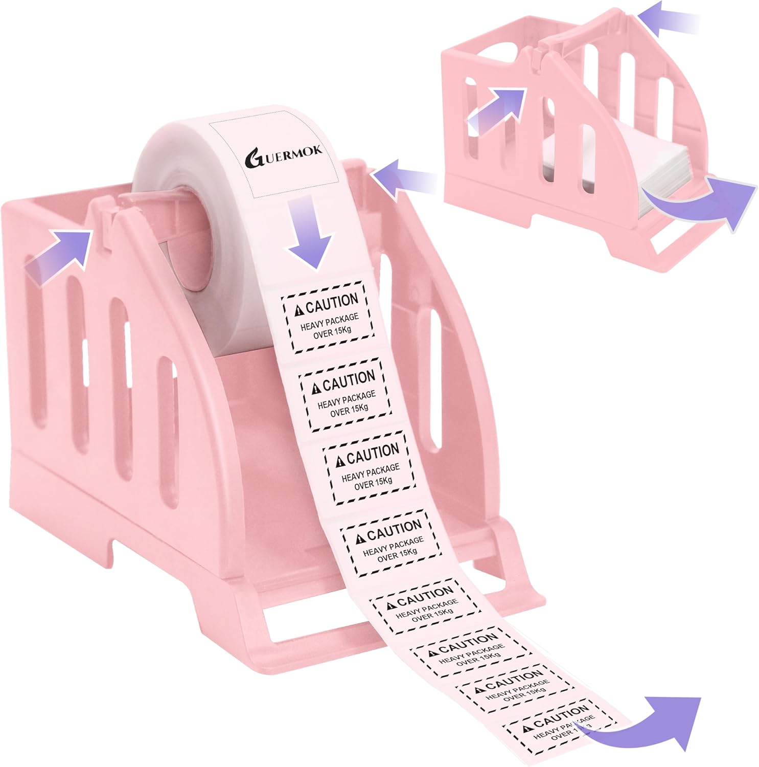 Guermok Thermal Shipping Label Holder for Rolls &amp; Fan-Fold, Fragile Stickers for Shipping, Label Stand Desktop Printer Holder-Home Office Accessory Sticker Dispenser for Holographic (Pink)