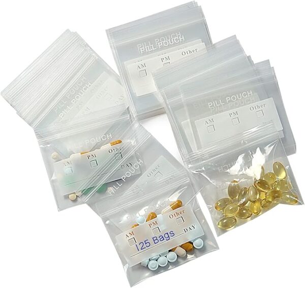 Serfeymi Pill Bags for Travel Pill Pouch Organizer Pack of 120 BPA Free 3 x 2.75 inch Reusable Pill Pouches for Medicine with Write on Label & Zipper Seal Waterproof AM PM Pill Baggies for Supplements