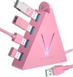 USB 3.0 Hub,4 Port USB Hub Tower,2ft Cable USB Splitter for PC, Xbox One, PS4, PS5, iMac, Surface Pro, XPS, Laptop, Desktop, Flash Drive, Mobile HDD (pink)