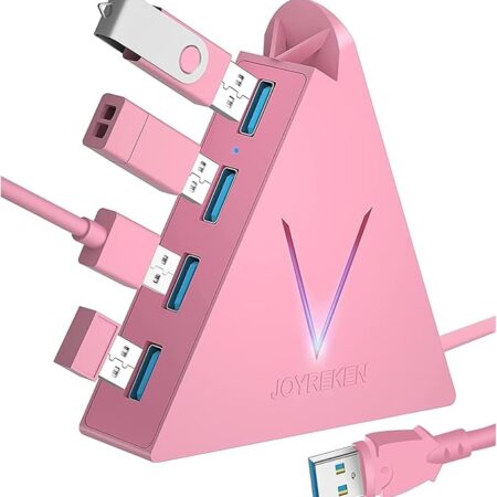 USB 3.0 Hub,4 Port USB Hub Tower,2ft Cable USB Splitter for PC, Xbox One, PS4, PS5, iMac, Surface Pro, XPS, Laptop, Desktop, Flash Drive, Mobile HDD (pink)