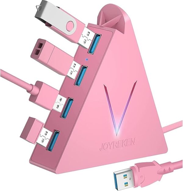 USB 3.0 Hub,4 Port USB Hub Tower,2ft Cable USB Splitter for PC, Xbox One, PS4, PS5, iMac, Surface Pro, XPS, Laptop, Desktop, Flash Drive, Mobile HDD (pink)