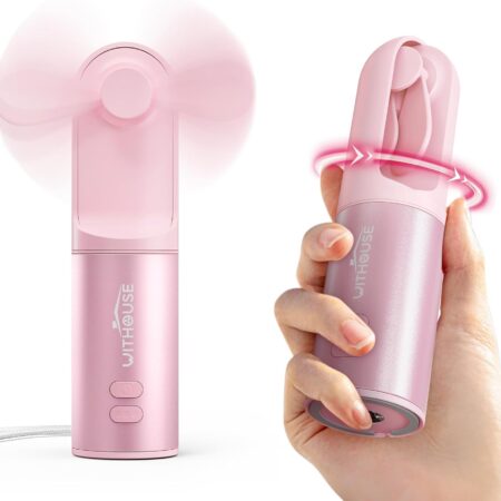 Handheld Fan, Portable USB Rechargeable Mini Fan, Hand Warmer, Battery Operated 4-in-1 Fan, Power Bank, Flashlight Function for Outdoor Office Travel (Pink)