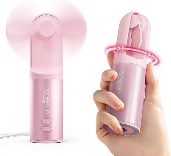 Handheld Fan, Portable USB Rechargeable Mini Fan, Hand Warmer, Battery Operated 4-in-1 Fan, Power Bank, Flashlight Function for Outdoor Office Travel (Pink)