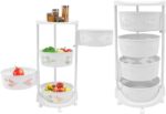 Saterkali Circular Rotating Basket 3/4/5 Tier Kitchen Storage Shelf Rotating with 360 Degree Casters Fruit Basket with Top Lid for Kitchen White Four Layers