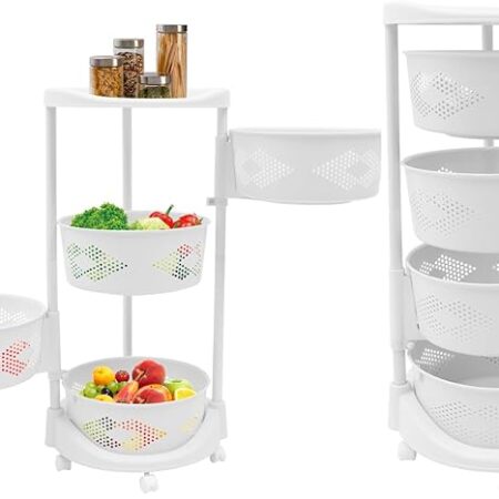 Saterkali Circular Rotating Basket 3/4/5 Tier Kitchen Storage Shelf Rotating with 360 Degree Casters Fruit Basket with Top Lid for Kitchen White Four Layers