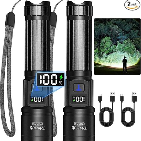 Rechargeable Flashlights High Lumens, Super Bright Flash Light, 5 Modes Zoomable Linternas with LCD Digital Display and Led Camping Lantern 2 Pack, Solar Lantern Rechargeable Light