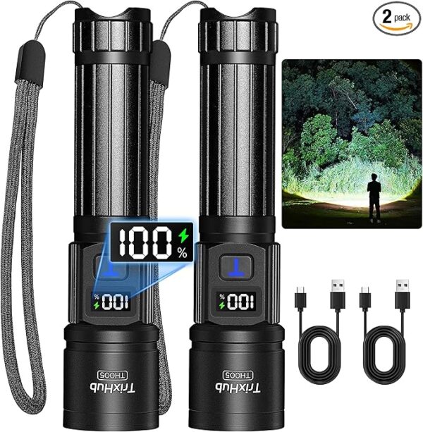 Rechargeable Flashlights High Lumens, Super Bright Flash Light, 5 Modes Zoomable Linternas with LCD Digital Display and Led Camping Lantern 2 Pack, Solar Lantern Rechargeable Light