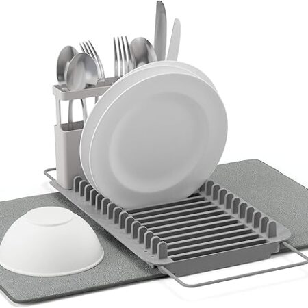 Dish Drying Rack, Stainless Steel Space-Saving Dish Rack, Dish Racks for Kitchen Counter, Kitchen Dish Drainers with Removable Utensil Holder,New Drain Outlet,Plate Rack and Drainboard,