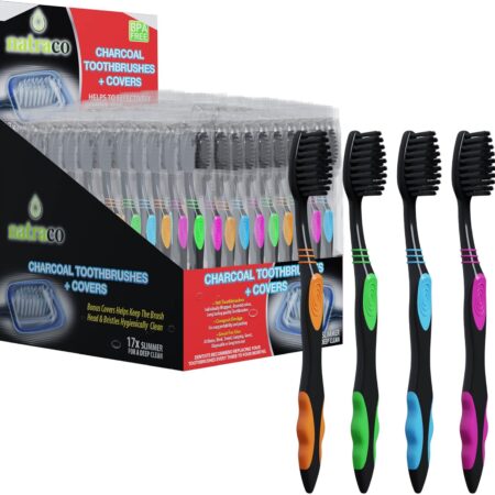 Charcoal Bulk Toothbrushes Individually Wrapped - Deep Clean Charcoal Infused Soft Bristle – Multi Colored Tooth Brush with Covers - for Travel, Kids, Family, Dental Care Etc. 100 Count