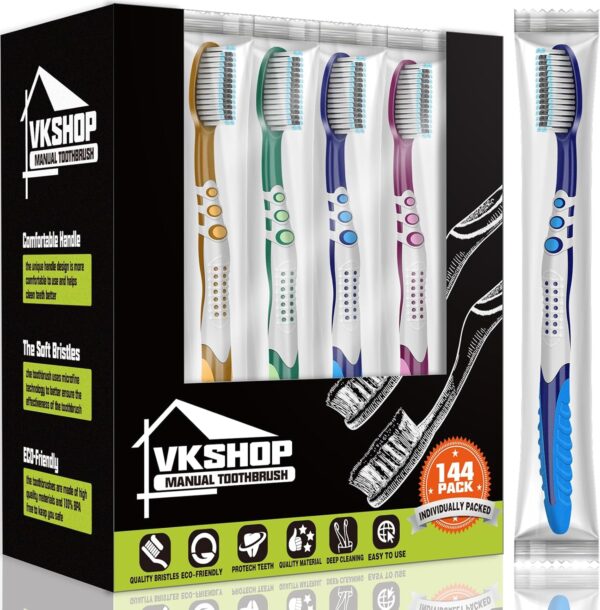 144 Bulk Disposable Toothbrushes, Individually Wrapped Toothbrush, Medium Soft Bristle Tooth Brush Manual Travel Toothbrush Set for Adults Kids