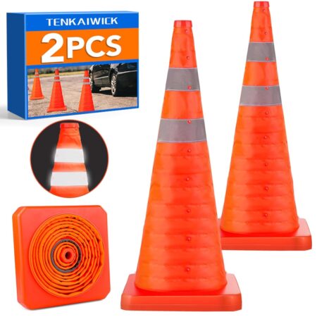 28 Inch Collapsible Traffic Safety Cones with Storage Bag- Parking Cones with Reflective Collars for Road Safety, Orange Safety Cones for Parking lot, Driveway, Driving Training