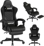 N-GEN GAMING Video Gaming Chair with Footrest Lumbar Support for Home Office High Back Recliner Height Adjustable Ergonomic Comfy Leather Computer Desk Chair (Black)