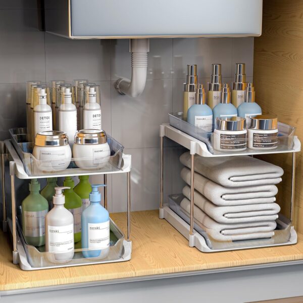 Delamu 2-Tier Multi-Purpose Bathroom Under Sink Organizers and Storage, Stackable Kitchen Pantry Organization, Pull Out Medicine Cabinet Organizer with Movable Dividers, White, 2 Pack