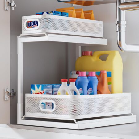 Under Kitchen Sink Organizers and Storage Pull Out 2 Tier Metal Bathroom Cabinet Organizer