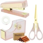 Acrylic Rose Gold Tape Dispenser Desktop Stapler, Acrylic Office Supplies Includes Staple Remover, Tape, 1000pcs Staples Desk Accessory Kit, Modern Clear Stationery Kit for Everyday Office Needs
