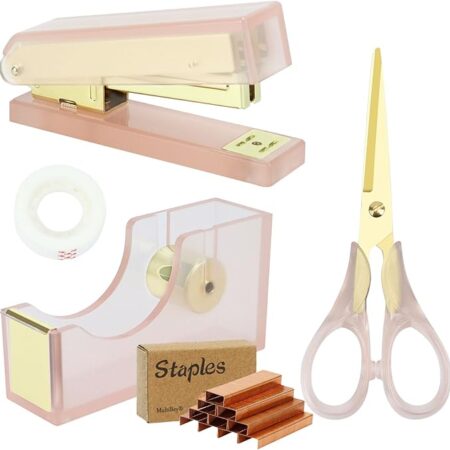 Acrylic Rose Gold Tape Dispenser Desktop Stapler, Acrylic Office Supplies Includes Staple Remover, Tape, 1000pcs Staples Desk Accessory Kit, Modern Clear Stationery Kit for Everyday Office Needs