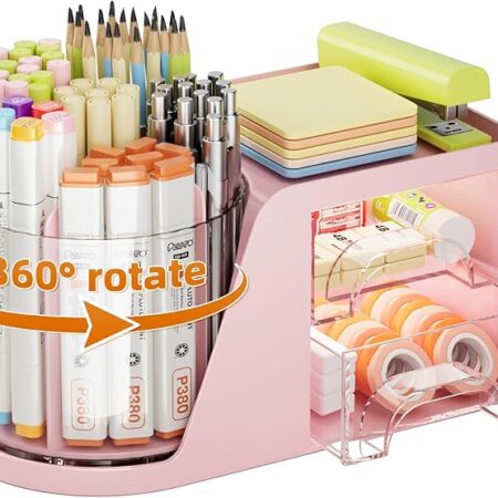 Marbrasse Desk Organizer with 2 Drawer, 360°Rotating Pen Holder, Desk Organizers and Accessories with 6 Slots Pencil Organizer + 2 Drawer, Art Supply Storage Box Caddy for Office (Pink)