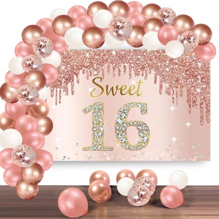 Sweet 16 Party Decorations for Girls, Happy 16th Birthday Banner Cake Topper Balloons Sash and Tiara, Rose Gold 16 Birthday Party Supplies for Girls
