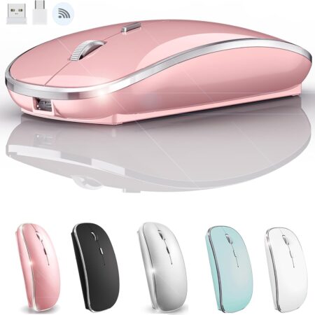 Mouse for Laptop Wireless Bluetooth - MacBook Air Mac Pro PC iPad Optical Rechargeable Silent Mouse with Jiggler Dual Mode Switch Bluetooth 5.2/3.0 and 2.4GHz USB-A and Type-C Receiver Rose Gold