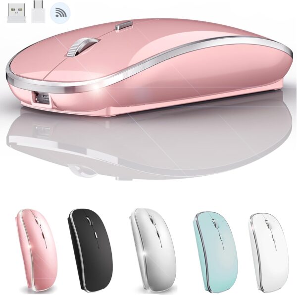 Mouse for Laptop Wireless Bluetooth - MacBook Air Mac Pro PC iPad Optical Rechargeable Silent Mouse with Jiggler Dual Mode Switch Bluetooth 5.2/3.0 and 2.4GHz USB-A and Type-C Receiver Rose Gold