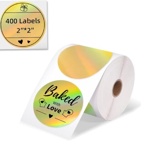 2' Holographic Thermal Label Stickers - 400pcs Round Thermal Printer Labels, Gold Thermal Sticker Labels for Logo Design, Gift Wrapping, Name Price Tag, Thanks Card, 400 Labels/Rol